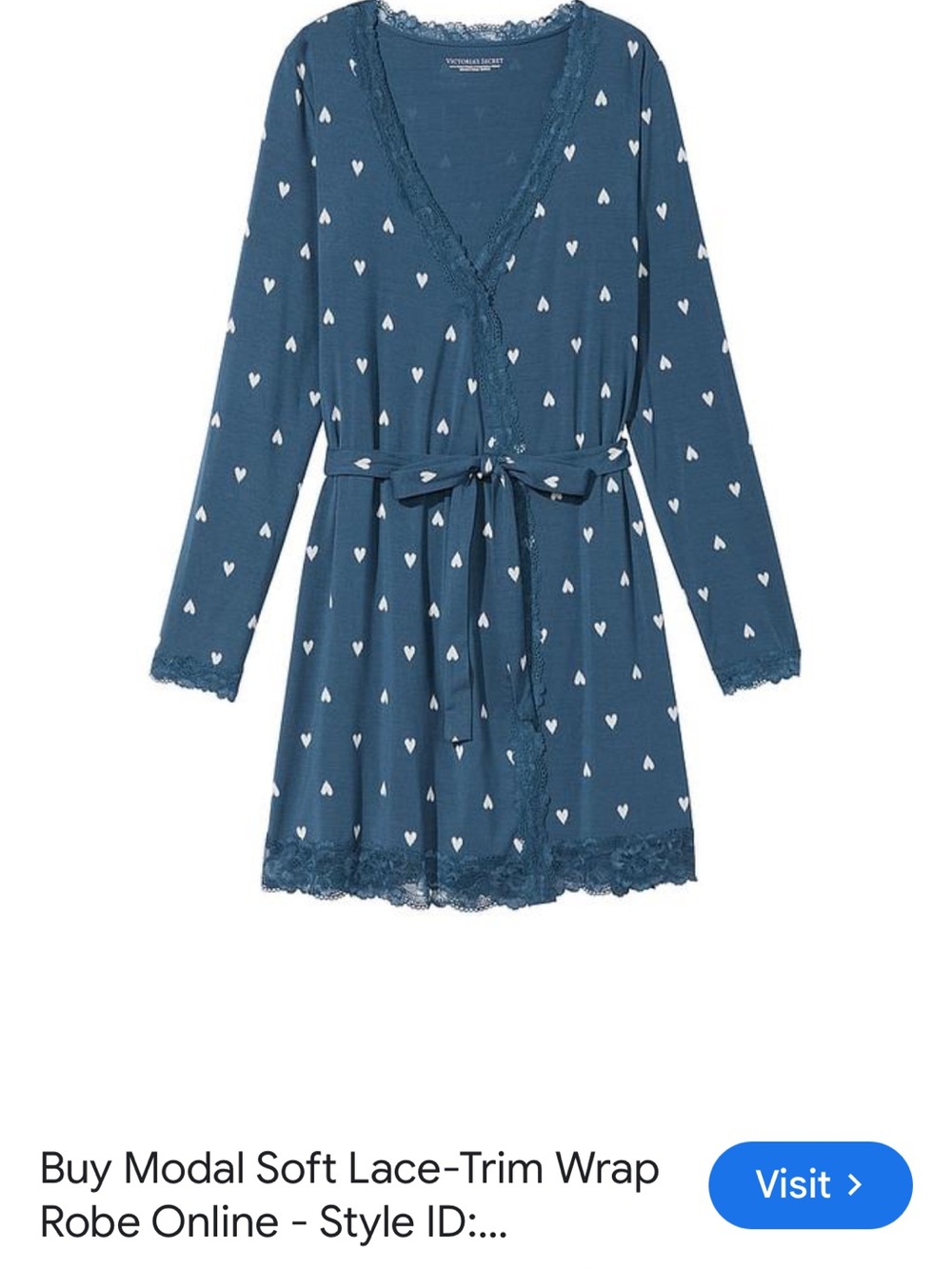 Victoria's Secret Slate Blue Heart-Print Modal Lace-Trim Robe - Picture 2 of 10